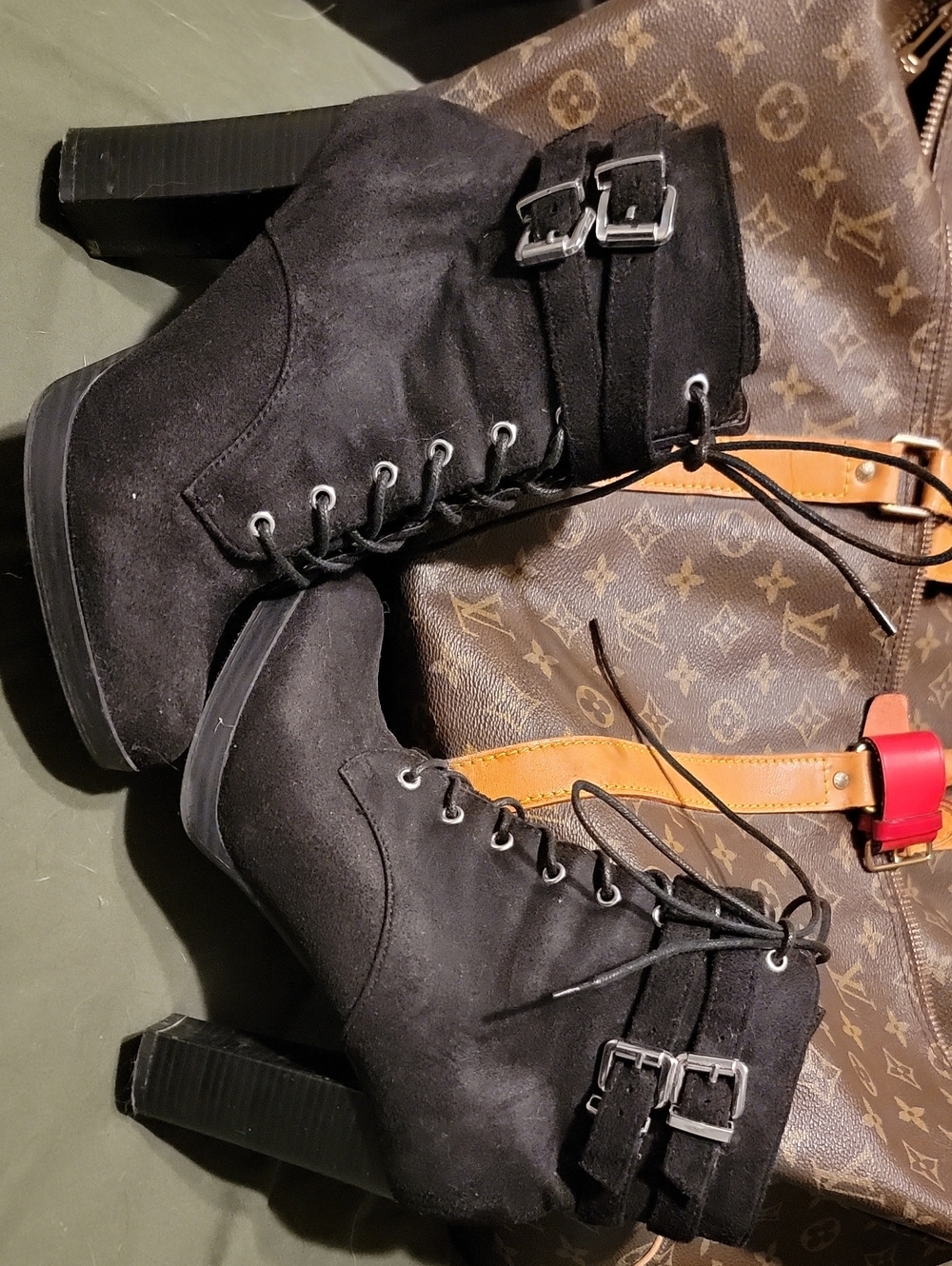 Wild Diva Black Lace-Up Suede Platform Ankle Boots with Buckles
